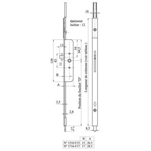 CREMONE A TETIERE F15 POUR CHASSIS A 2 VANTAUX