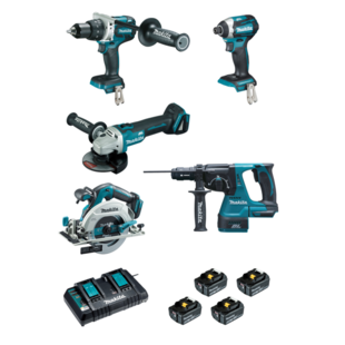 LOT DE 5 MACHINES 18V 5AH (DHP481 + DGA506 + DTD154 + DHR243 + DHS680)