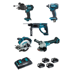 LOT DE 5 MACHINES 18V 5AH (DHP458 + DGA504 + DTD152 + DHR202 + DSS610)