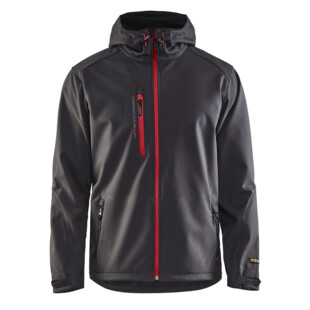 VESTE SOFTSHELL A CAPUCHE GRIS FONCE/ROUGE